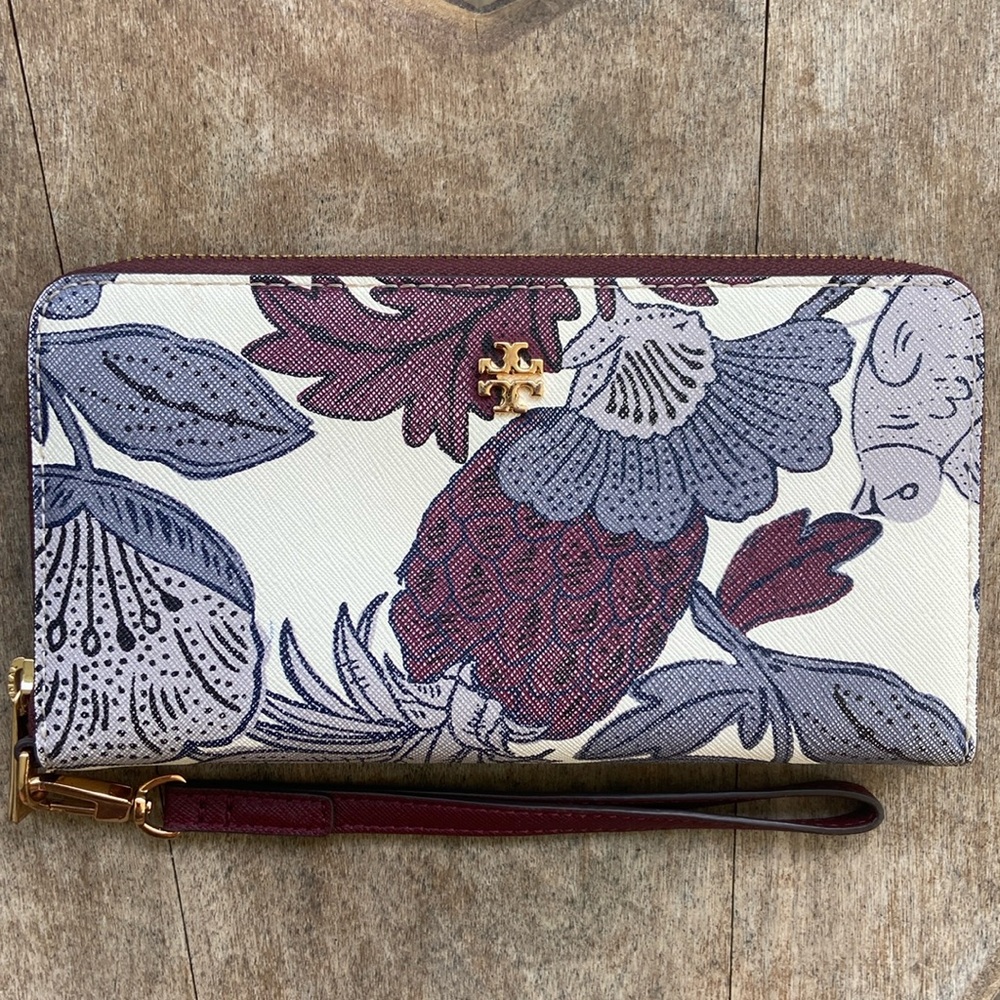 Tory Burch Purple Wonderland Vine Saffiano Leather Zip Around Wristlet Wallet - Picture 4 of 8